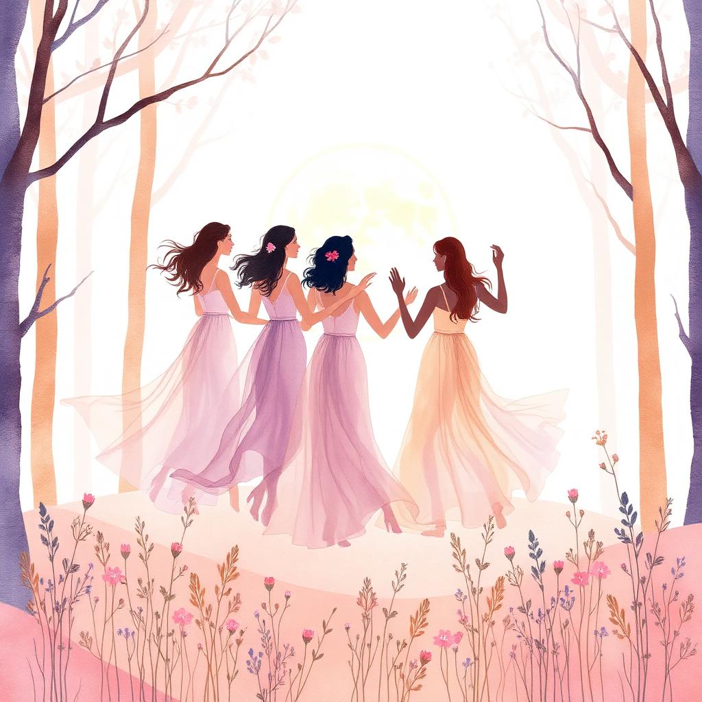 Ilustração inspirada em A Ciranda das Mulheres Sábias — mulheres dançando em círculo sob a lua