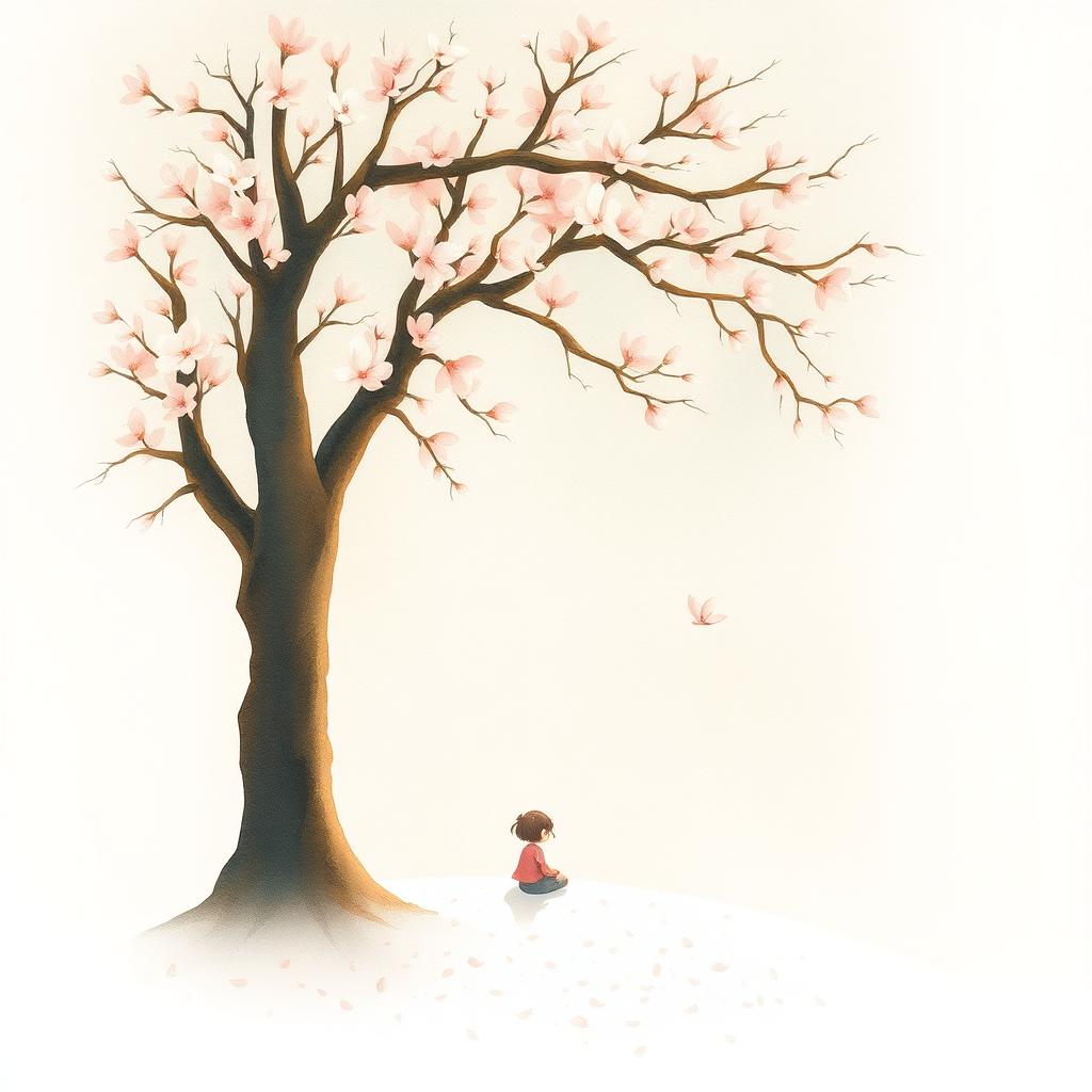 Ilustração inspirada em As coisas que você só vê quando desacelera — figura contemplativa sob cerejeira em flor