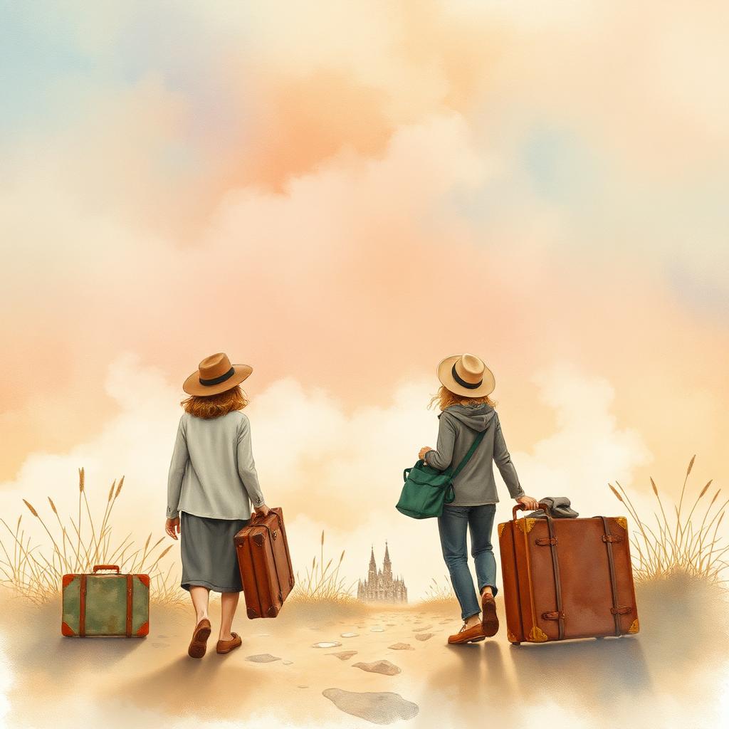 Ilustração inspirada em Doze Contos Peregrinos — viajantes com malas antigas sob um céu de realismo mágico