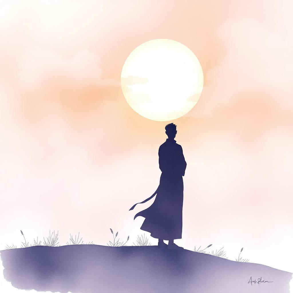 Ilustração inspirada em Falando sobre Deus — figura contemplativa diante de um horizonte luminoso ao amanhecer