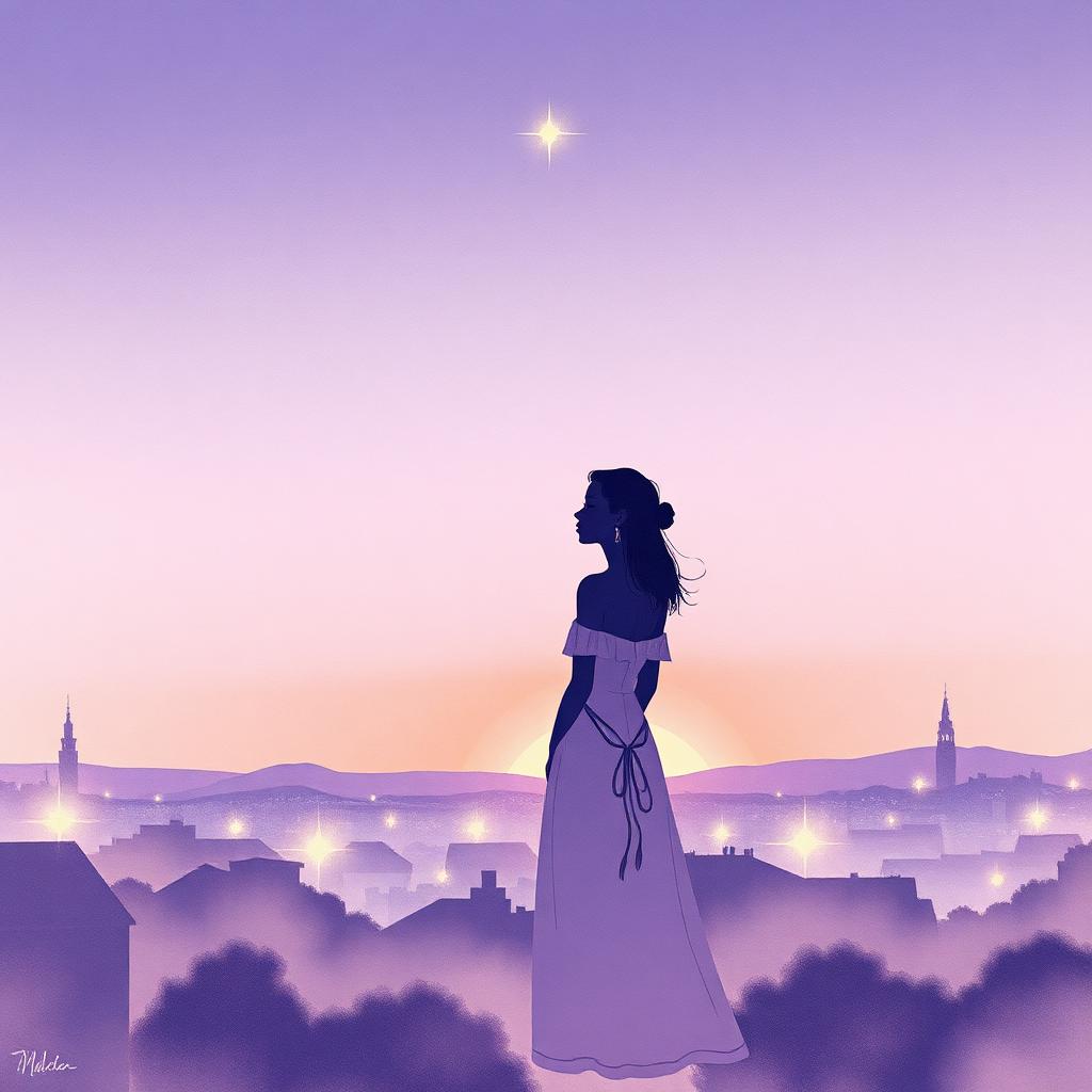Ilustração inspirada em A Hora da Estrela — silhueta feminina sob uma estrela ao entardecer