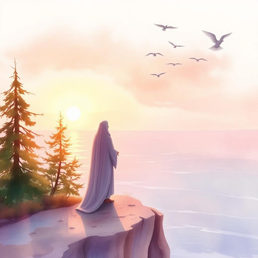 Ilustração inspirada em O Profeta — figura encapuzada contemplando o mar ao amanhecer