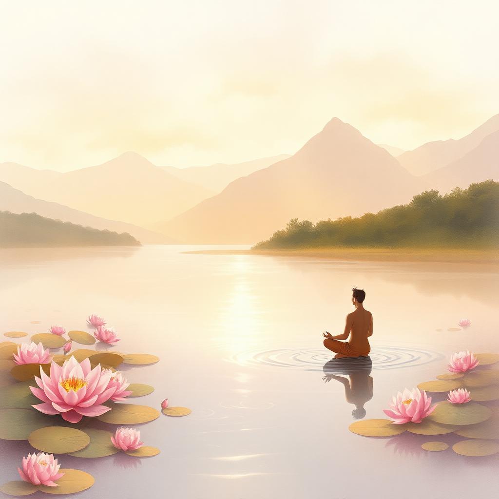 Ilustração inspirada em Sidarta — figura meditando às margens do rio